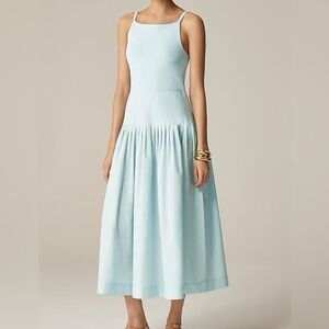 Elegant Light Blue pintuck drop waist midi dress